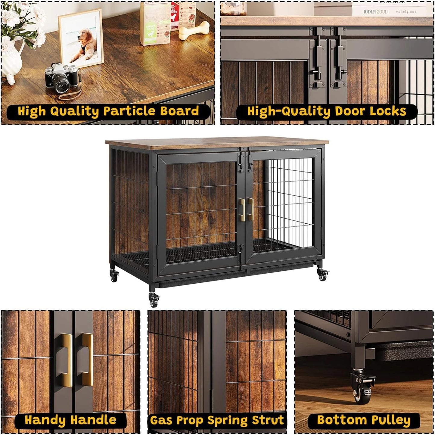 Large Dog Crate Furniture Wheels Removable Tray