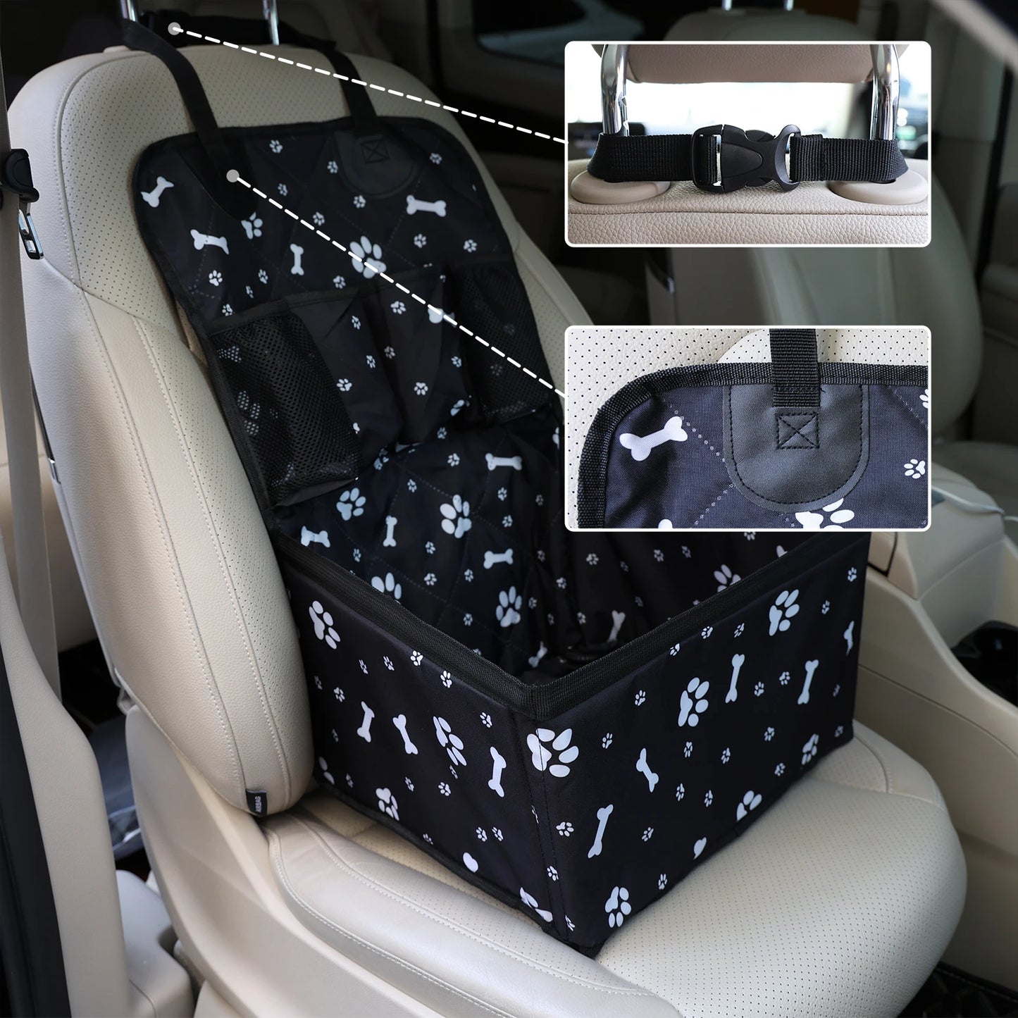 Pet Car Seat Portable, Storage Pockets, Non-Slip Waterproof