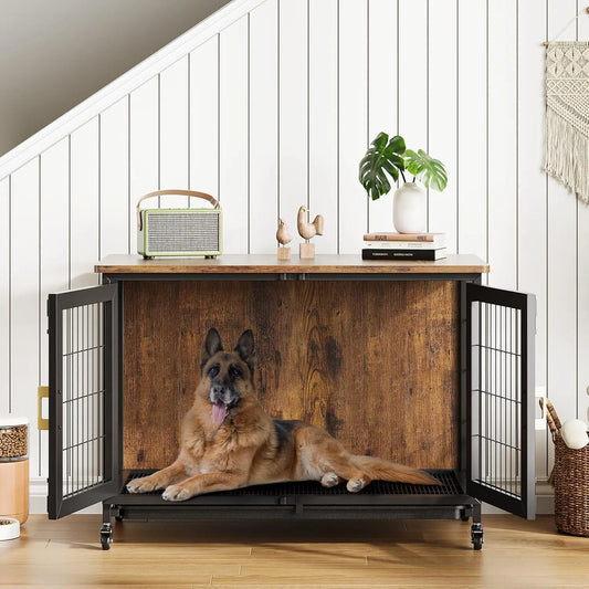 Large Dog Crate Furniture Wheels Removable Tray