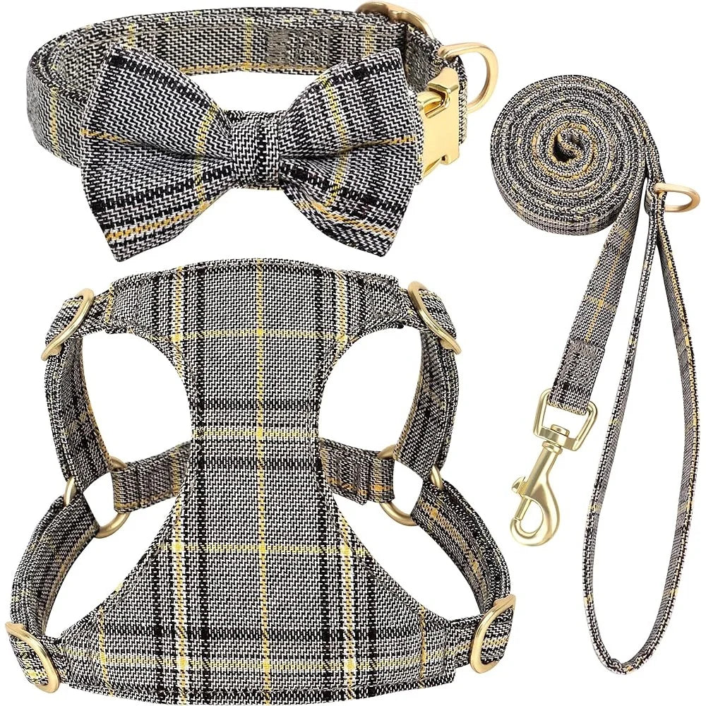 Dog Harness Set Adjustable Plaid Collar Leash Bowtie