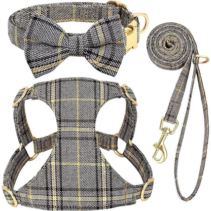 Dog Harness Set Adjustable Plaid Collar Leash Bowtie
