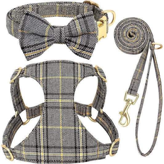 Dog Harness Set Adjustable Plaid Collar Leash Bowtie