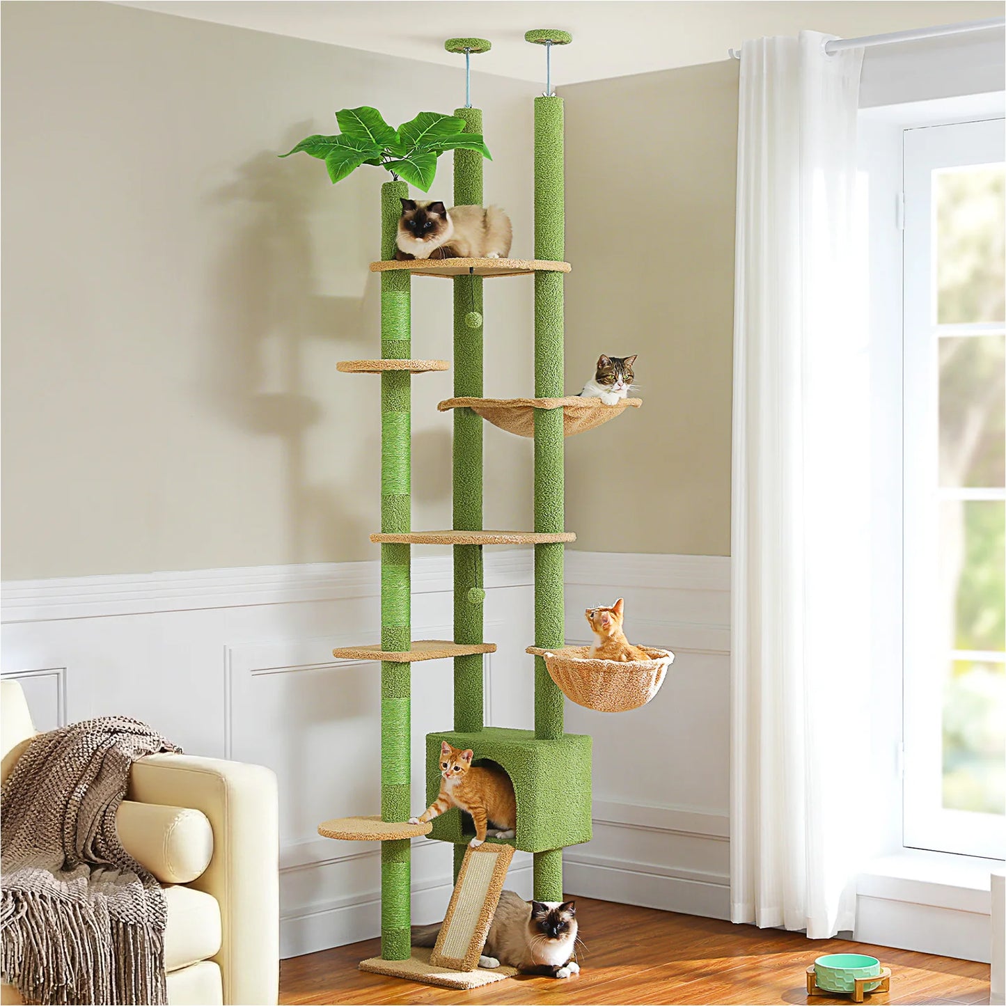 Cactus Cat Tree Floor to Ceiling Tower Sisal Scratching Post,Hammock