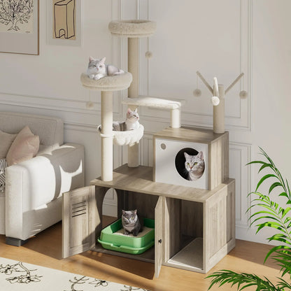 Modern Cat Tree, Hidden Litter Box, Multi-Level, Condo, Scratching Posts