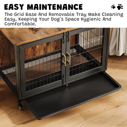 Large Dog Crate Furniture Wheels Removable Tray