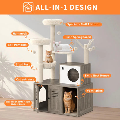 Modern Cat Tree, Hidden Litter Box, Multi-Level, Condo, Scratching Posts