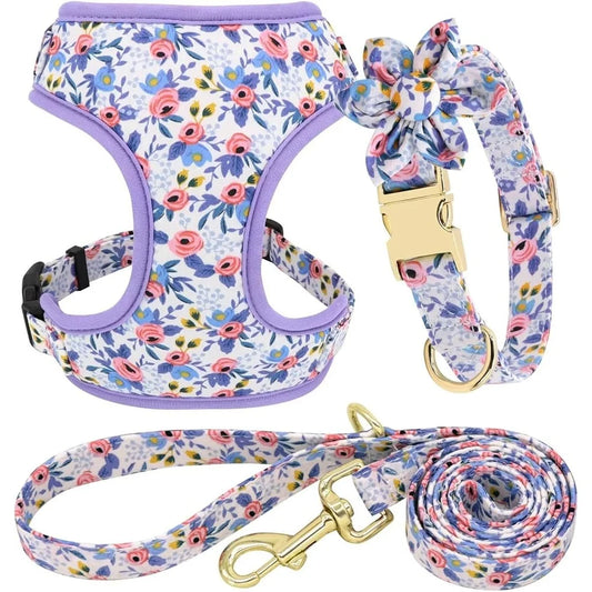 Cute Dog Harness Leash Collar Set Adjustable Floral