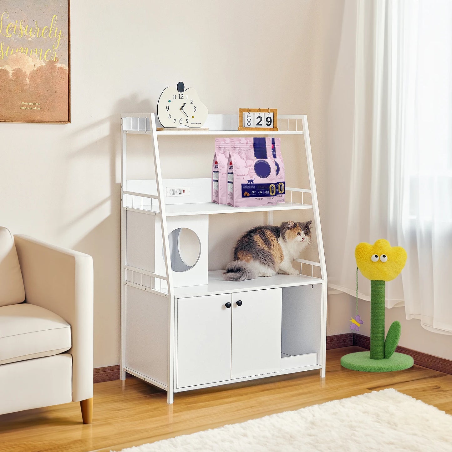 Cat Litter Box Enclosure w/ 3 Shelves and Doors