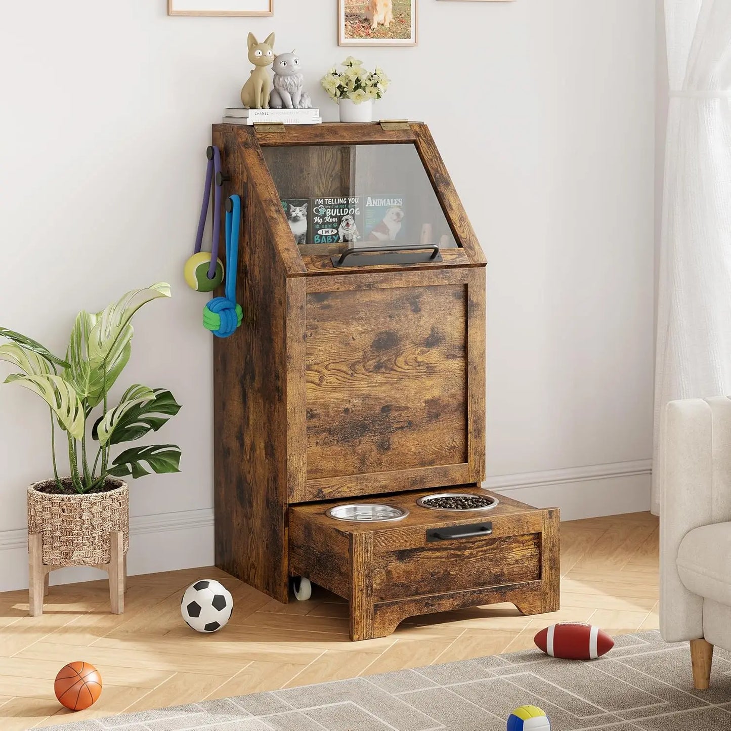 Dog Feeding Station With 2 Elevated Bowls Flip Top Food Storage Cabinet