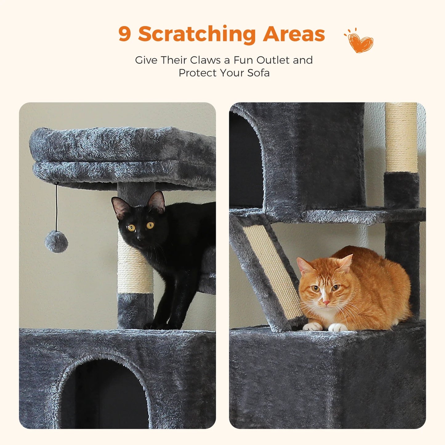 180cm Multi-Level Cat Tower, 9 Scratching Areas,Plush Hammock