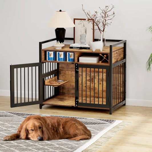 Large Dog Crate Furniture, Drawers Storage Cabinet 2 Bowls
