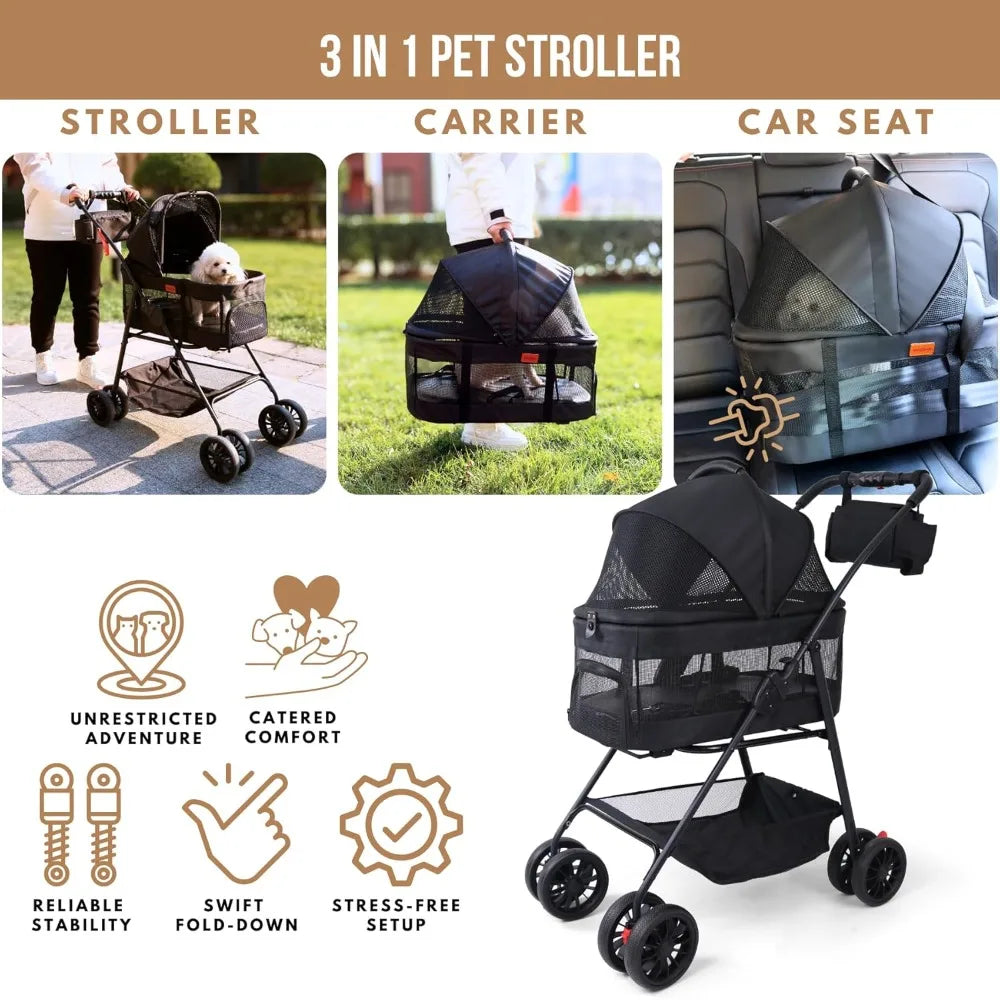 3-in-1 Pet Stroller for Small Pets/Detachable Carrier/Lightweight/Foldable