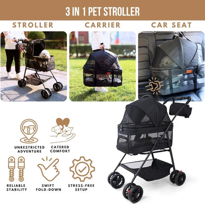 3-in-1 Pet Stroller for Small Pets/Detachable Carrier/Lightweight/Foldable