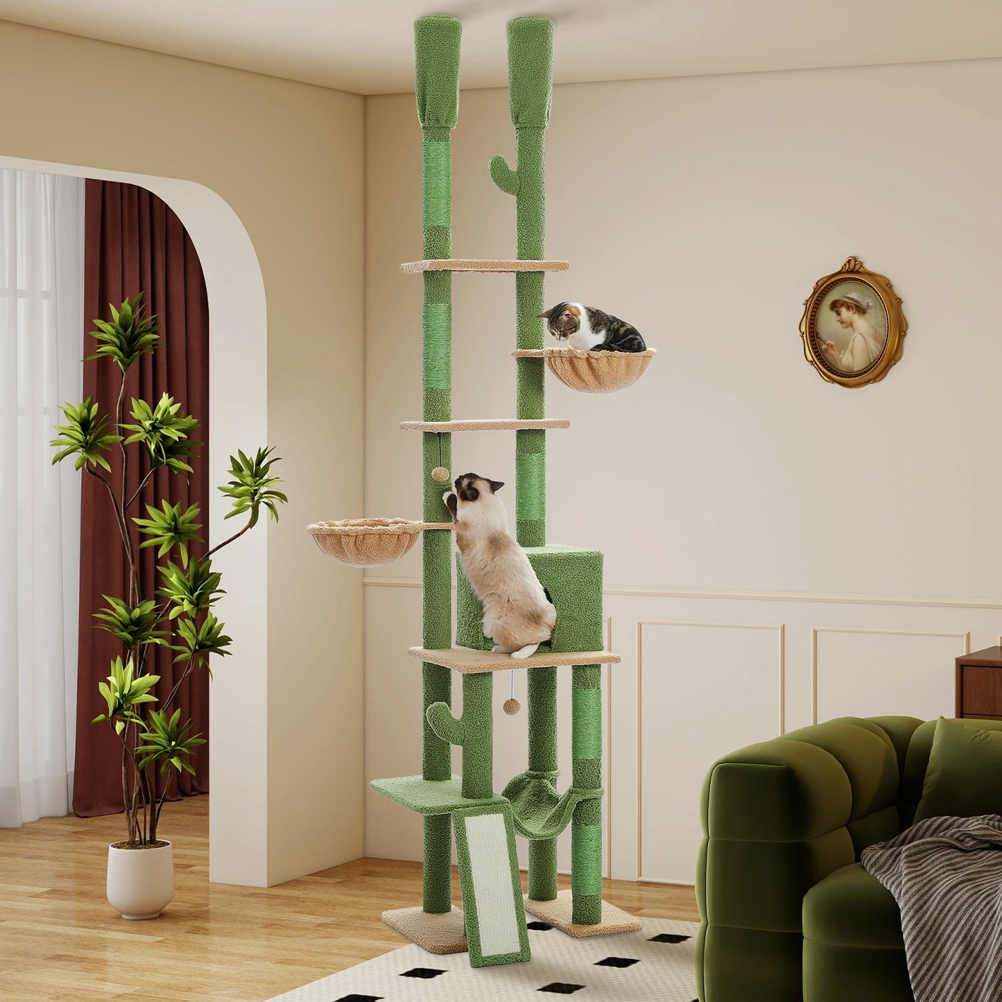 Cactus Cat Tree Floor to Ceiling Tower Sisal Scratching Post,Hammock