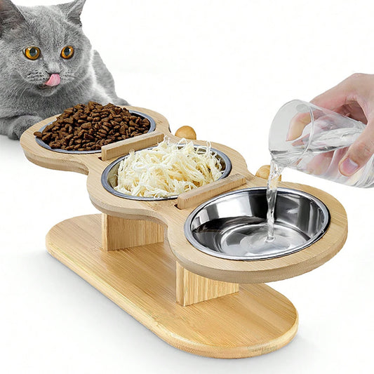 3 Bowls in 1 Feeding & Watering Raised Wood Brackets