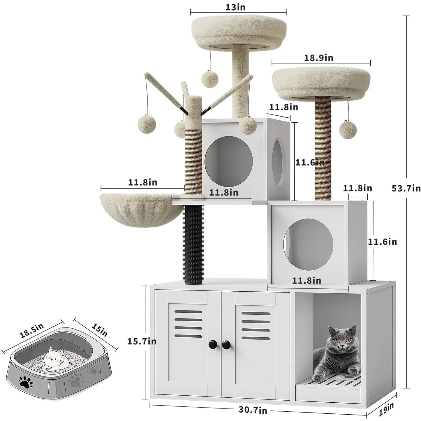 Litter Box Enclosure,Cat Tower,Scratching Post & Plush Perch
