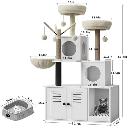 Litter Box Enclosure,Cat Tower,Scratching Post & Plush Perch