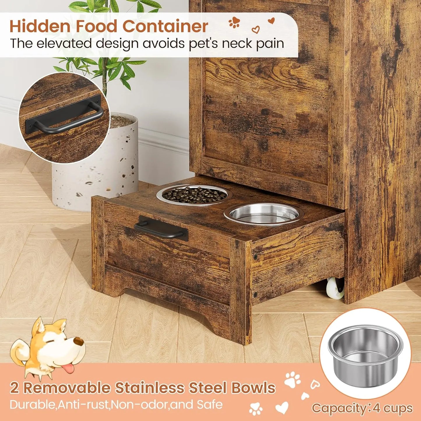 Dog Feeding Station With 2 Elevated Bowls Flip Top Food Storage Cabinet