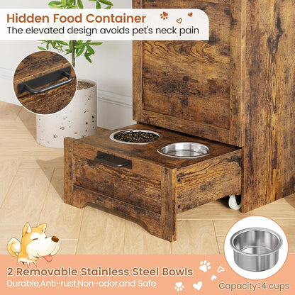 Dog Feeding Station With 2 Elevated Bowls Flip Top Food Storage Cabinet