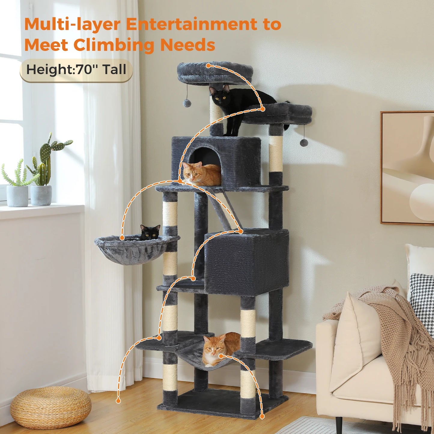 180cm Multi-Level Cat Tower, 9 Scratching Areas,Plush Hammock