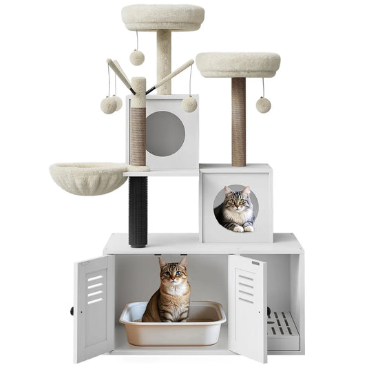 Litter Box Enclosure,Cat Tower,Scratching Post & Plush Perch