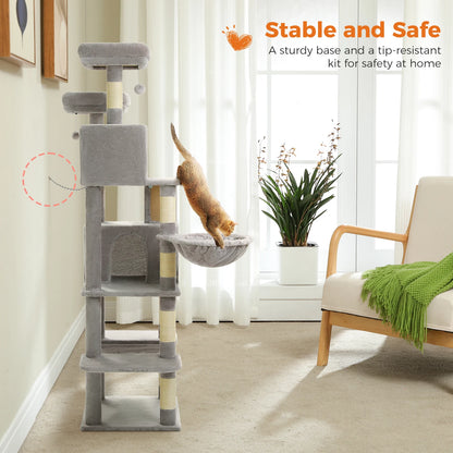 180cm Multi-Level Cat Tower, 9 Scratching Areas,Plush Hammock