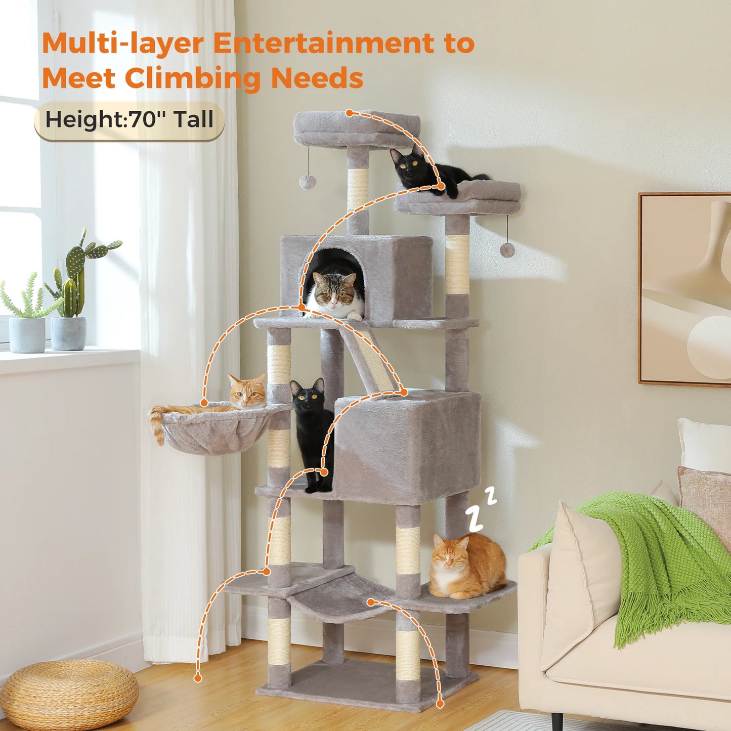 180cm Multi-Level Cat Tower, 9 Scratching Areas,Plush Hammock