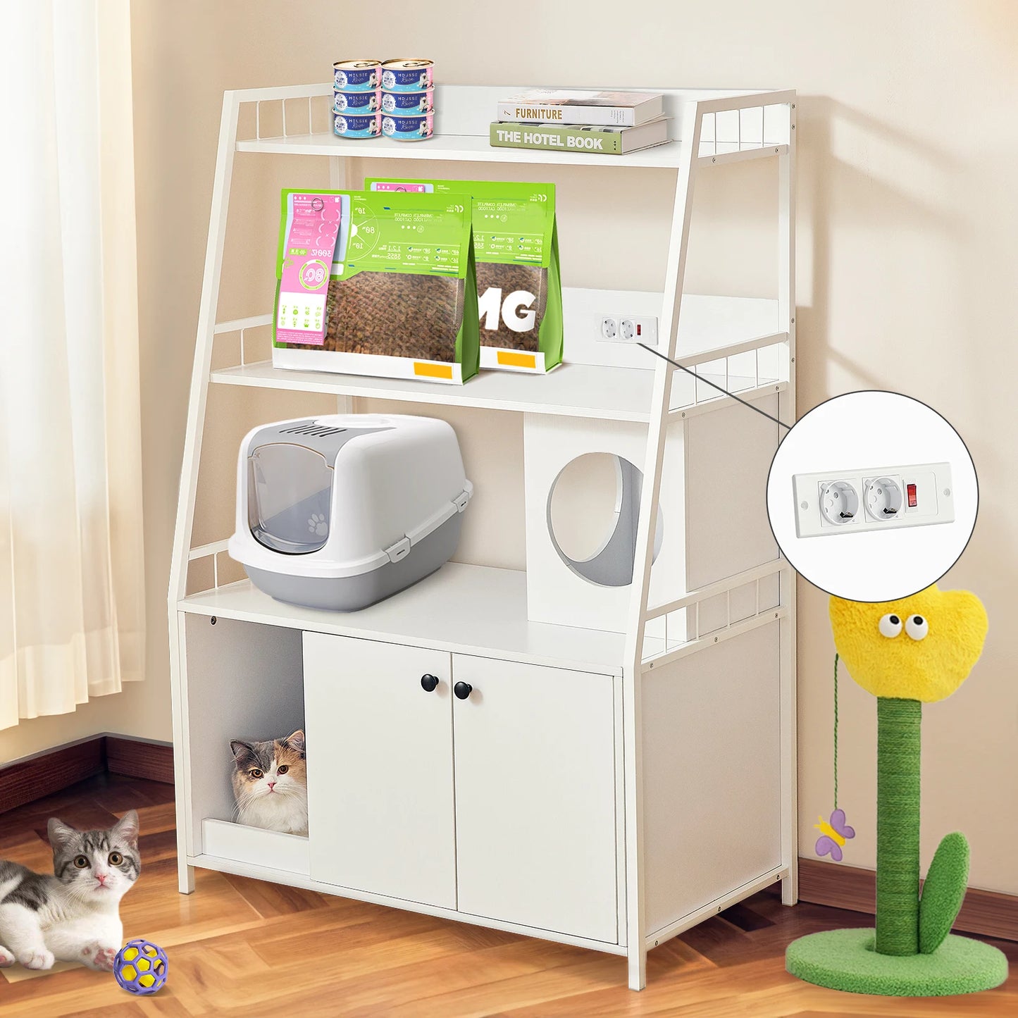 Cat Litter Box Enclosure w/ 3 Shelves and Doors