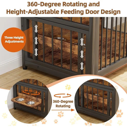Large Dog Crate Furniture, Drawers Storage Cabinet 2 Bowls