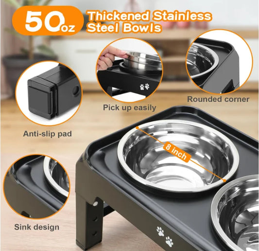 2 Stainless Steel Food Bowls 4 Height Adjustable Rack Black