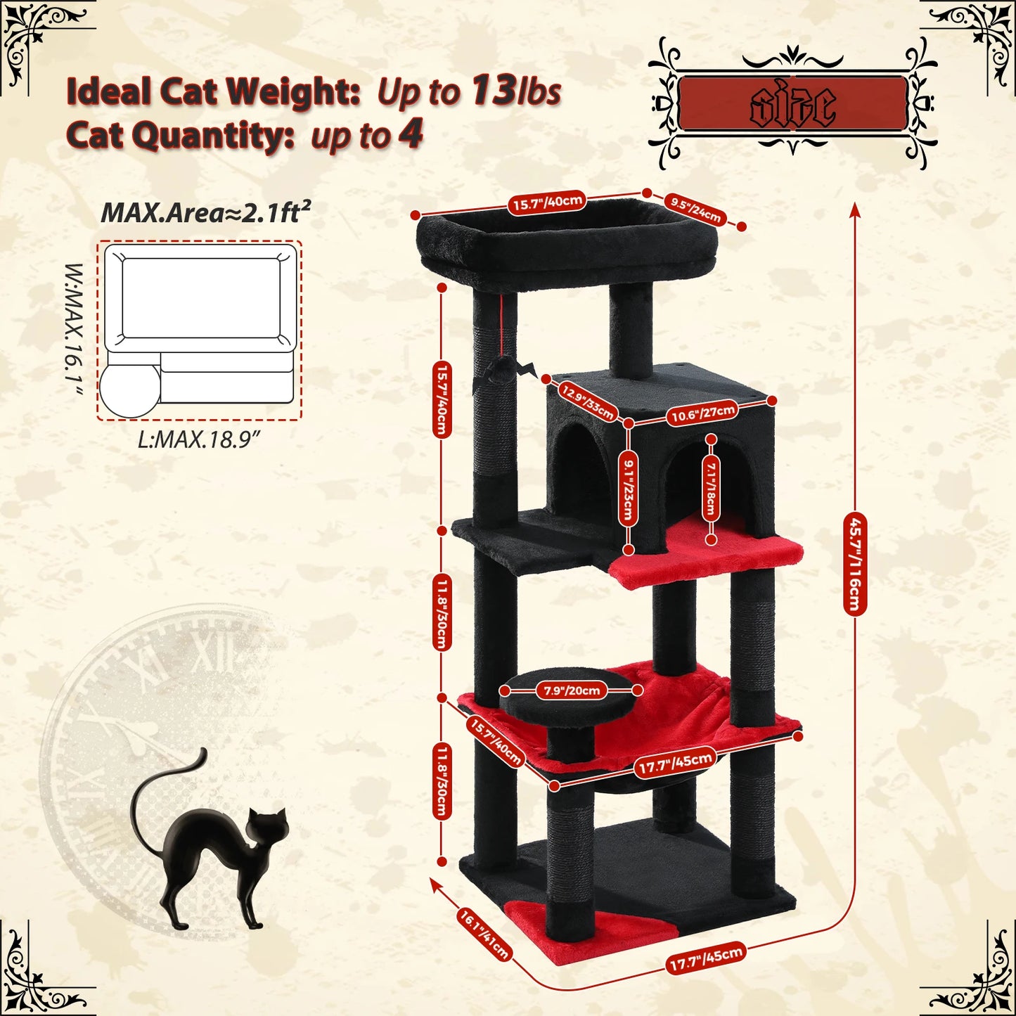 Gothic Cat Tower Large Hammock, Scratching Post Cozy Condo Top Perch