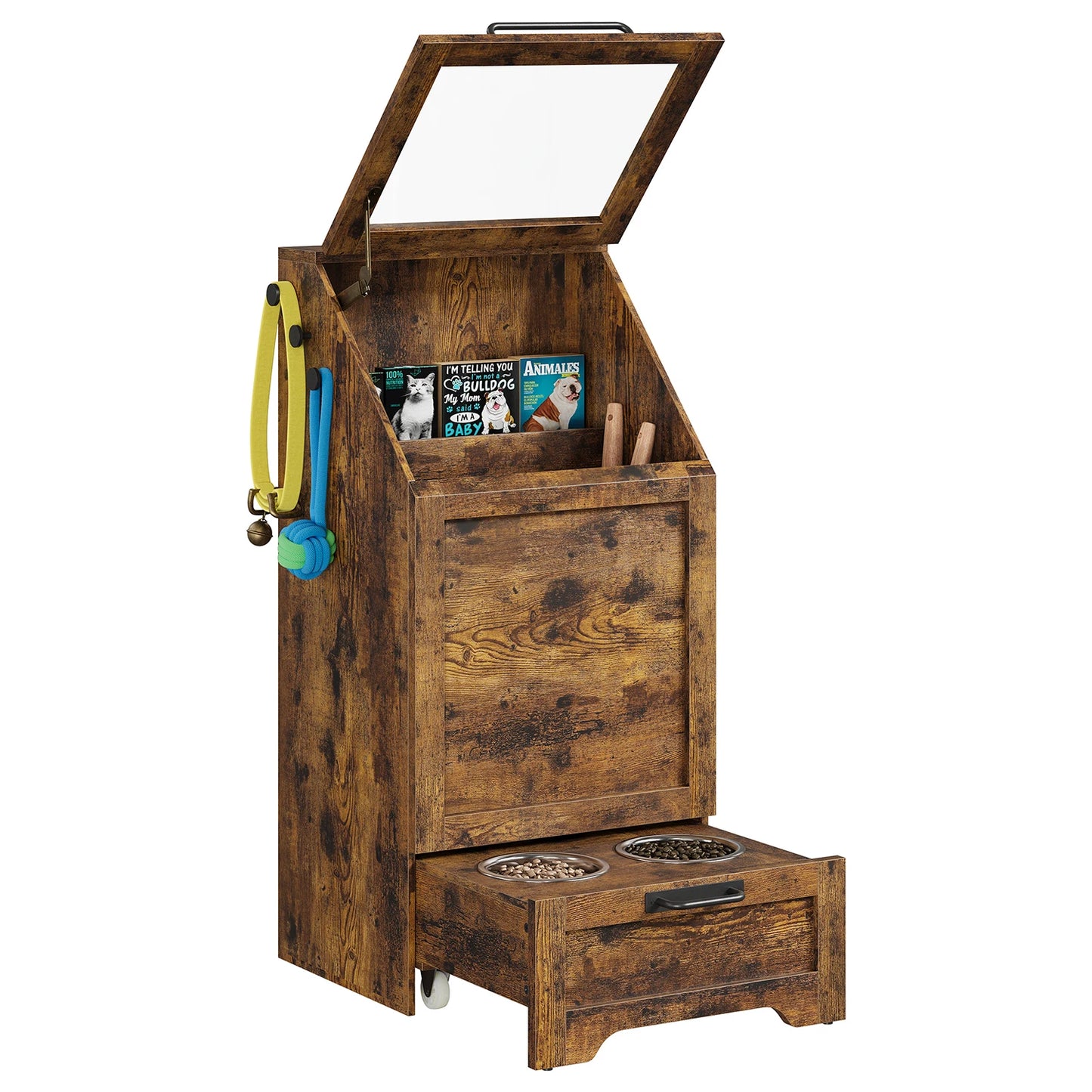 Dog Feeding Station With 2 Elevated Bowls Flip Top Food Storage Cabinet