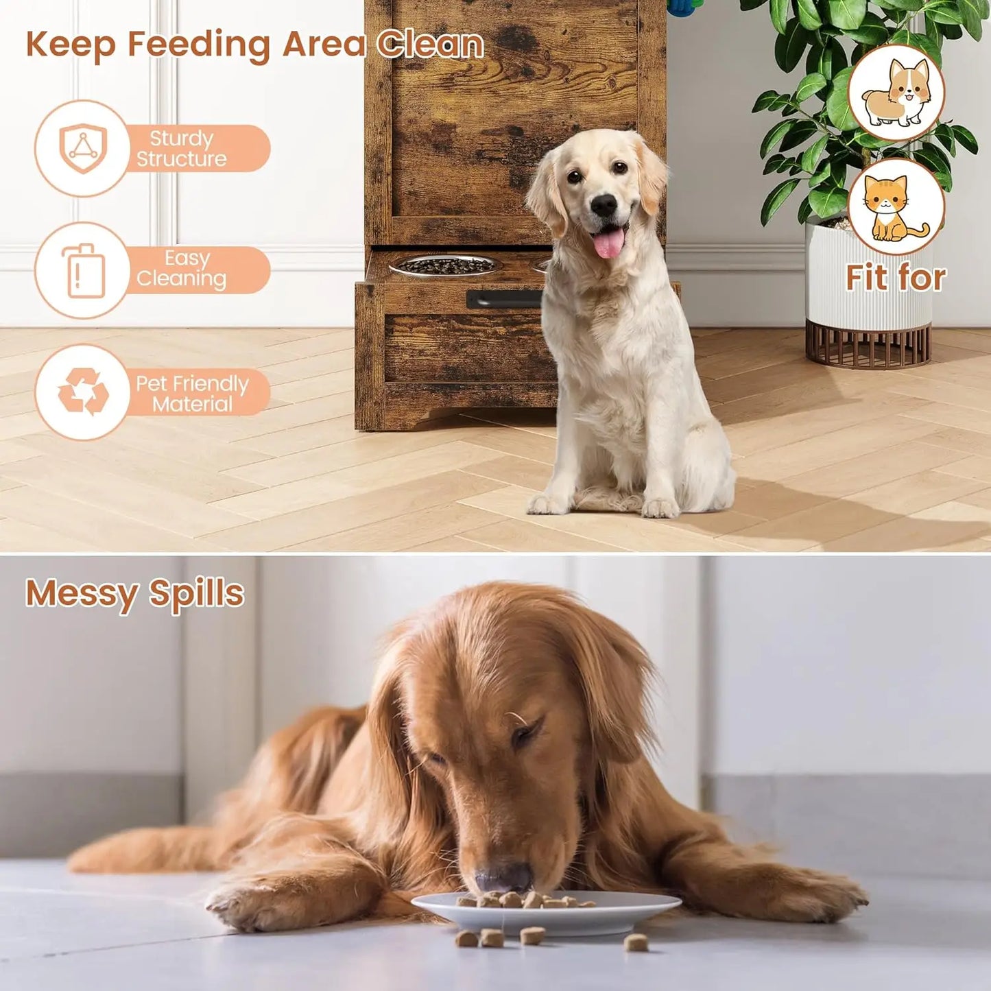 Dog Feeding Station With 2 Elevated Bowls Flip Top Food Storage Cabinet