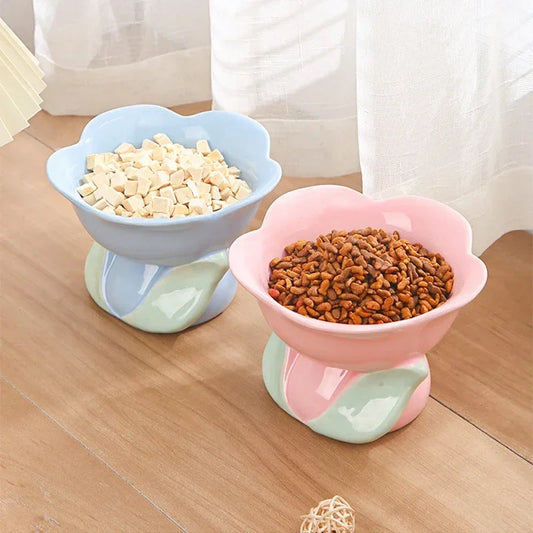 Flower Bowl Raised Ceramic Drinking Eating  Elevated Non-slip
