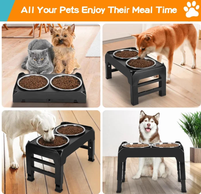 2 Stainless Steel Food Bowls 4 Height Adjustable Rack Black