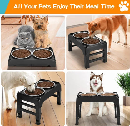 2 Stainless Steel Food Bowls 4 Height Adjustable Rack Black
