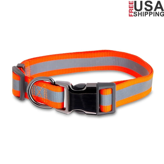 Large Adjustable Nylon Metal Dog Collar Neon Orange