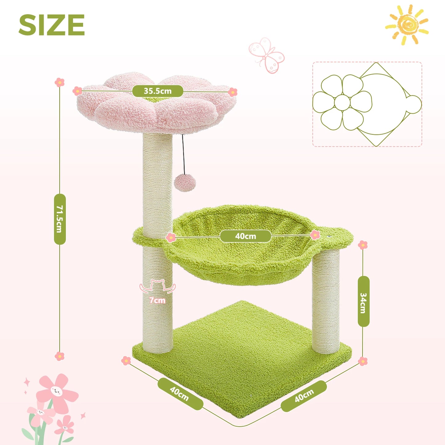 Flower Cat Tree, Scratching Post, Hammock Soft Top Perch