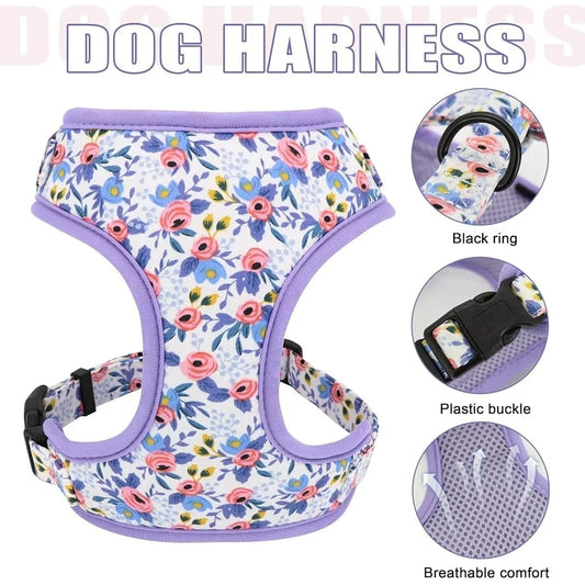 Cute Dog Harness Leash Collar Set Adjustable Floral