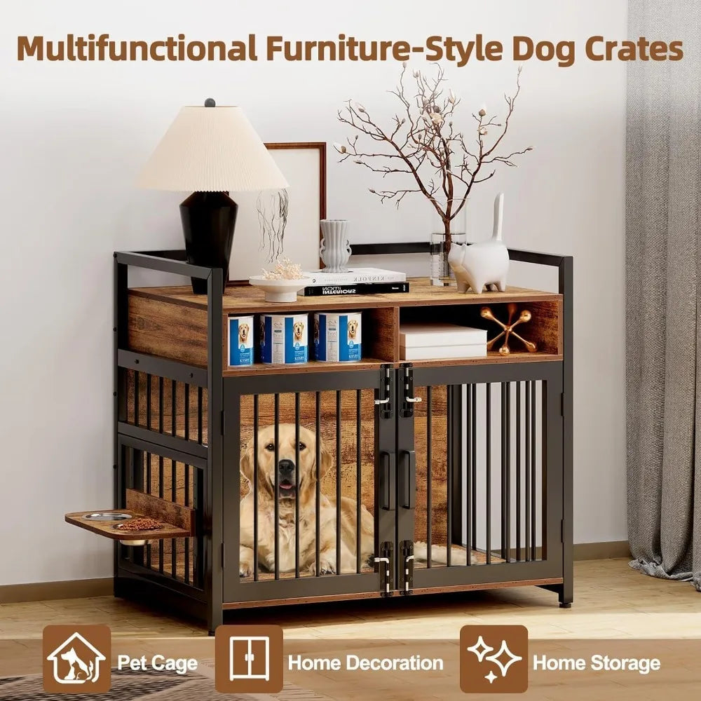 Large Dog Crate Furniture, Drawers Storage Cabinet 2 Bowls