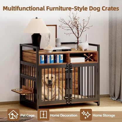 Large Dog Crate Furniture, Drawers Storage Cabinet 2 Bowls