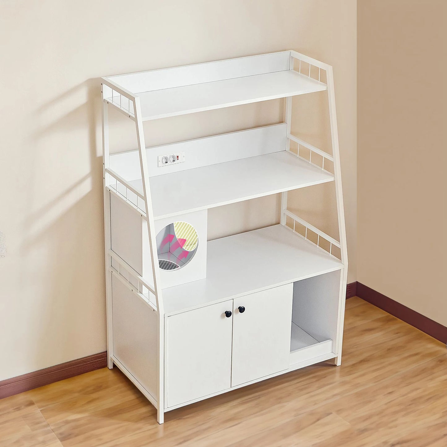 Cat Litter Box Enclosure w/ 3 Shelves and Doors