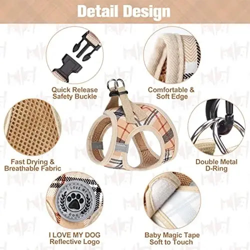 Safe Harness for Small Dogs & Cats – Reflective Plaid Set