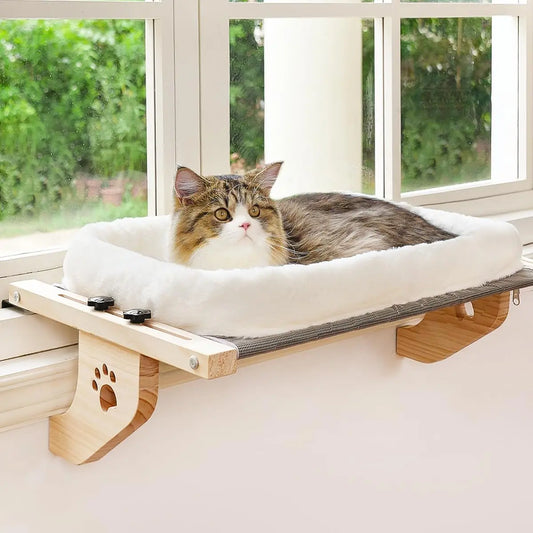 Sturdy Hammock Seat with Cushion Bed Cover, Wood & Metal Frame for Large Cats, Easy To Adjust Windowsill, Bedside, Drawer