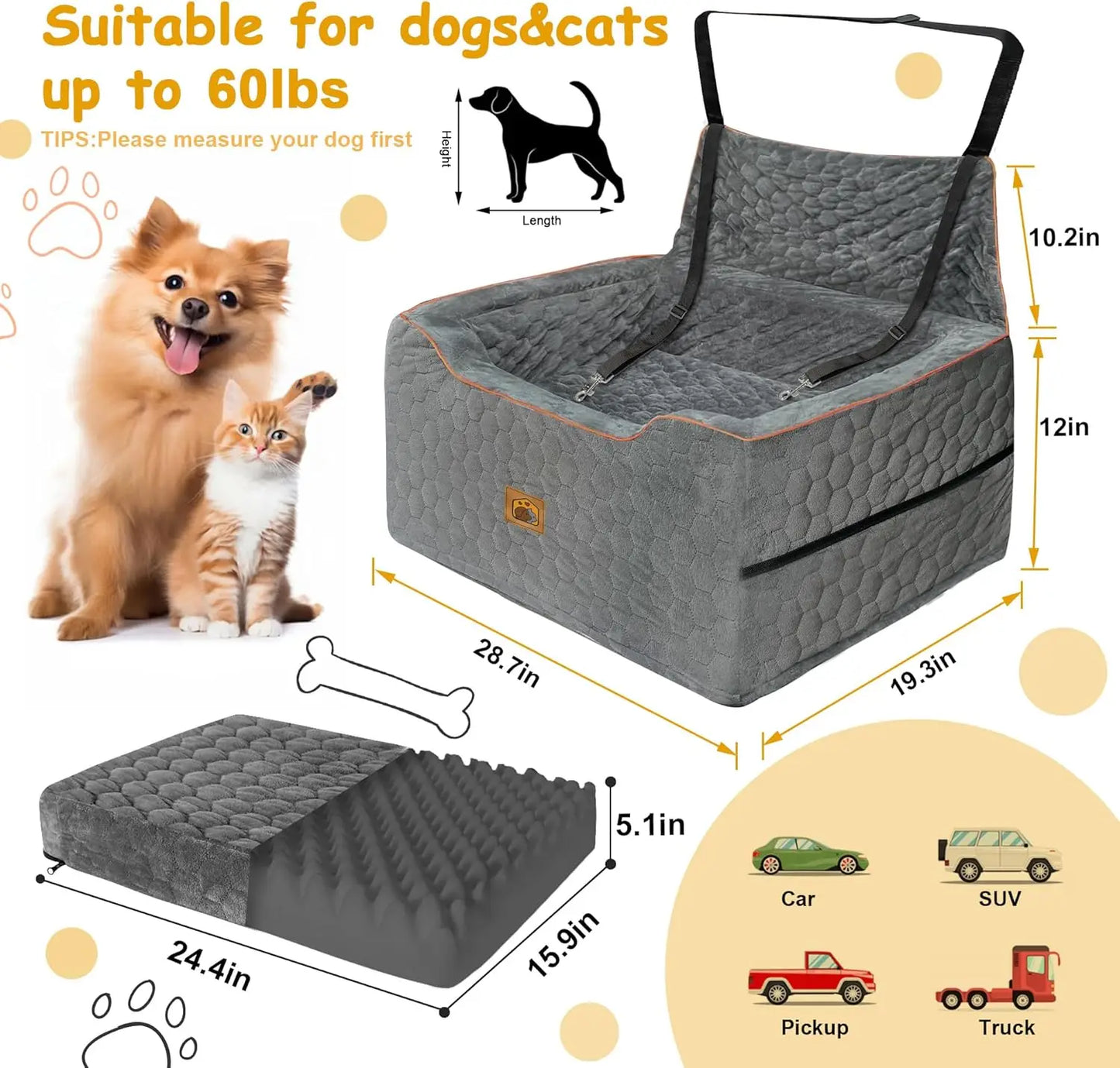 Multi-Functional Pet Booster with Cushion & 2 Leashes (Gray)