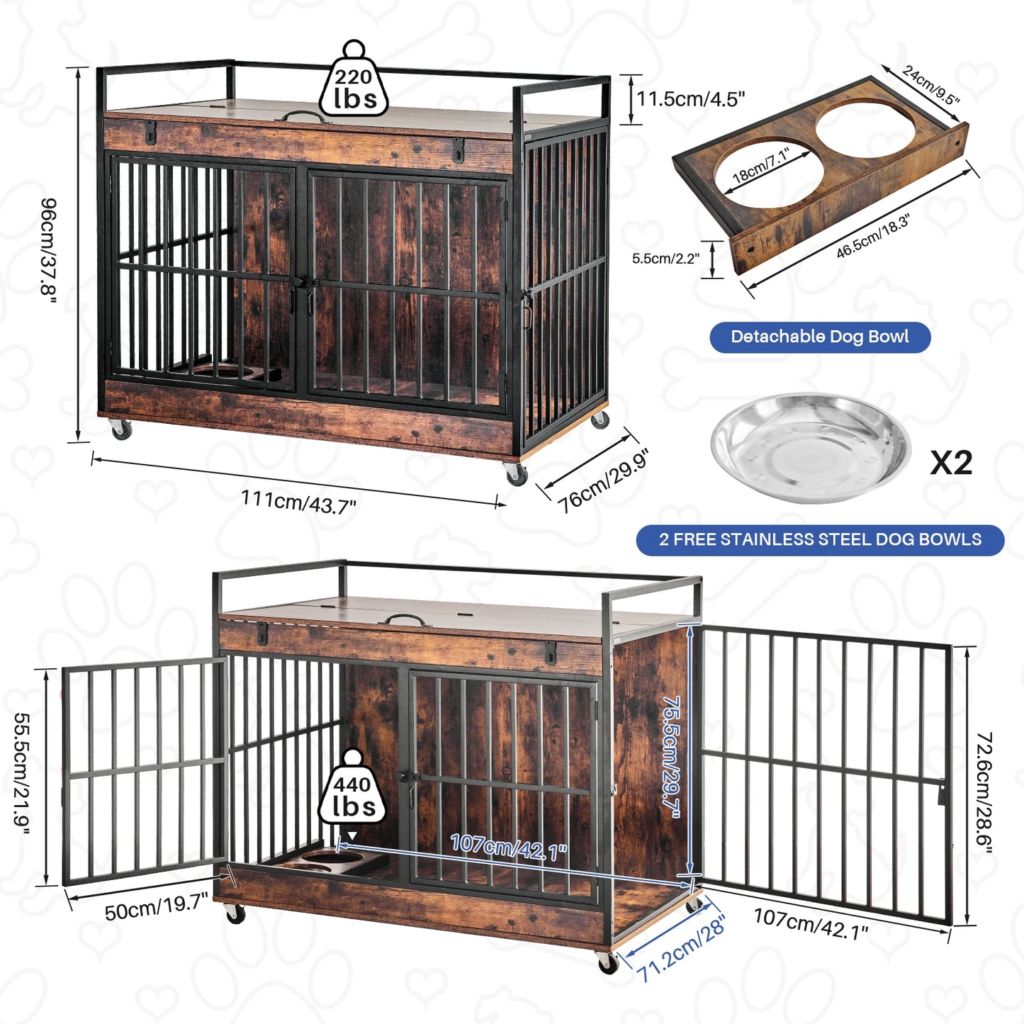 Dog Crate Indoor Heavy Duty w/ Wheels Flip Top 43.7 x 30 x 37.8 in