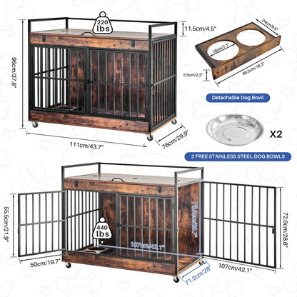 Dog Crate Indoor Heavy Duty w/ Wheels Flip Top 43.7 x 30 x 37.8 in