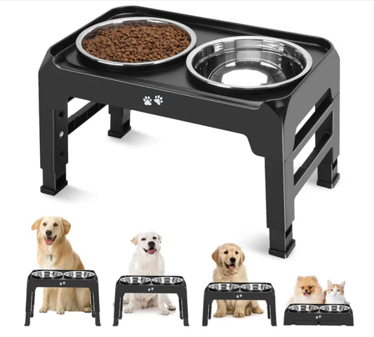 2 Stainless Steel Food Bowls 4 Height Adjustable Rack Black
