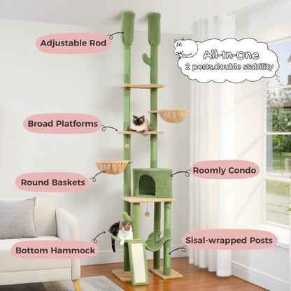 Cactus Cat Tree Floor to Ceiling Tower Sisal Scratching Post,Hammock