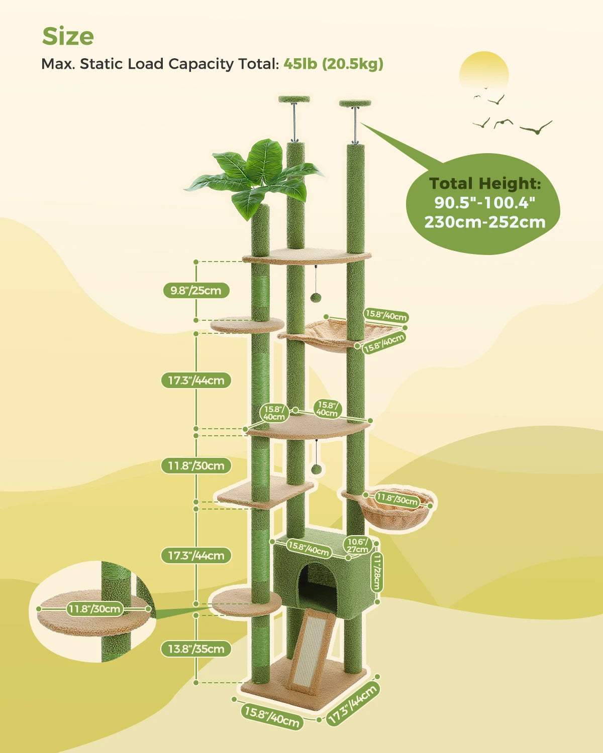 Cactus Cat Tree Floor to Ceiling Tower Sisal Scratching Post,Hammock
